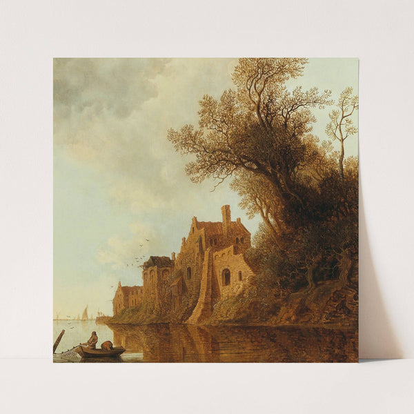 A river landscape with a fortified town and a fishing boat by Anthonie Jansz. van der Croos