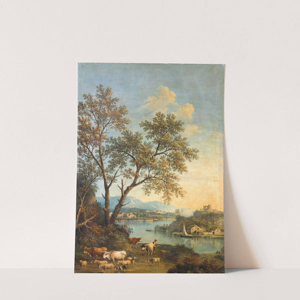 A river landscape with a herdsman in the foreground and a village beyond by Giovanni Battista Cimaroli