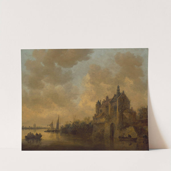 A river landscape with a manor house, rowing boats and other vessels by Jan van Goyen