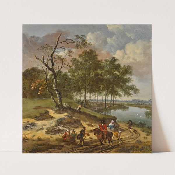 A river landscape with elegant travelers and a beggar in a dune landscape by Jan Wijnants