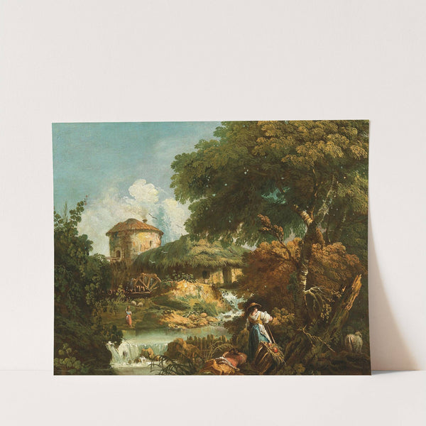 A river landscape with figures, a watermill beyond by Antonio Diziani