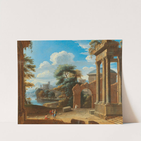 A river landscape with figures by ruins (17th Century) by French School
