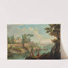 A river landscape with fishermen and travellers at rest by a fortified village by Paolo Anesi
