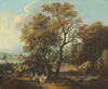 A river landscape with travellers on a path