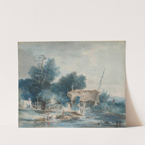 A river landscape with washerwomen by a mill by Louis Gabriel Moreau