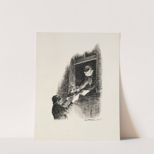 A robber passes a tea service through the window to his accomplice outside. (1896) by William Henry Walker