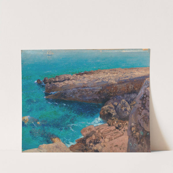 A rocky coast, in the background a sailing boat by Hans Wilt