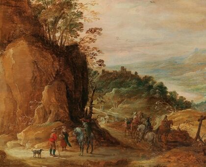A rocky landscape with horsemen