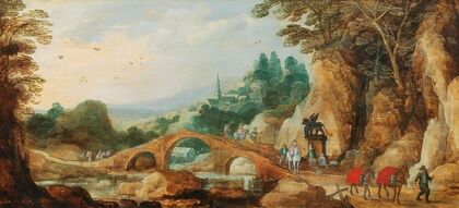 A rocky landscape with riders near a bridge