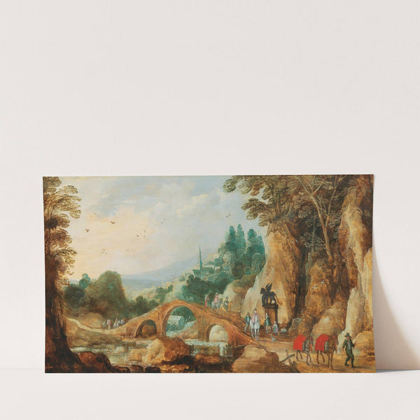 A rocky landscape with riders near a bridge by Joos de Momper