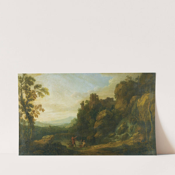 A Rocky Landscape With Three Fisherman By A Lake, A Ruined Castle On An Outcrop Beyond by Richard Carver