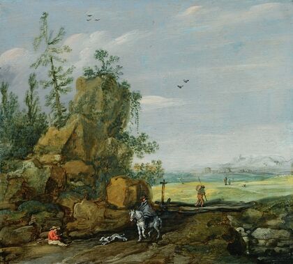 A Rocky Landscape With Travellers And A Horseman On A Path, A View Of A Town In The Distance