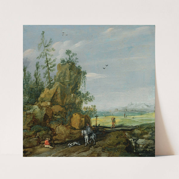 A Rocky Landscape With Travellers And A Horseman On A Path, A View Of A Town In The Distance by Esaias van de Velde