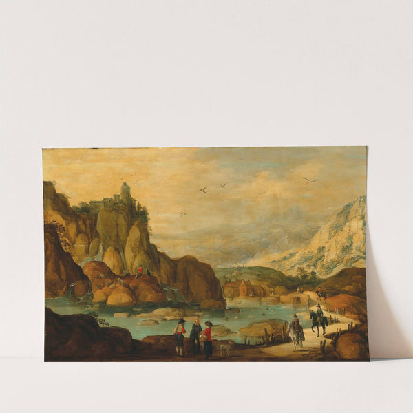 A rocky landscape with travellers on horseback near a stream by Joos de Momper
