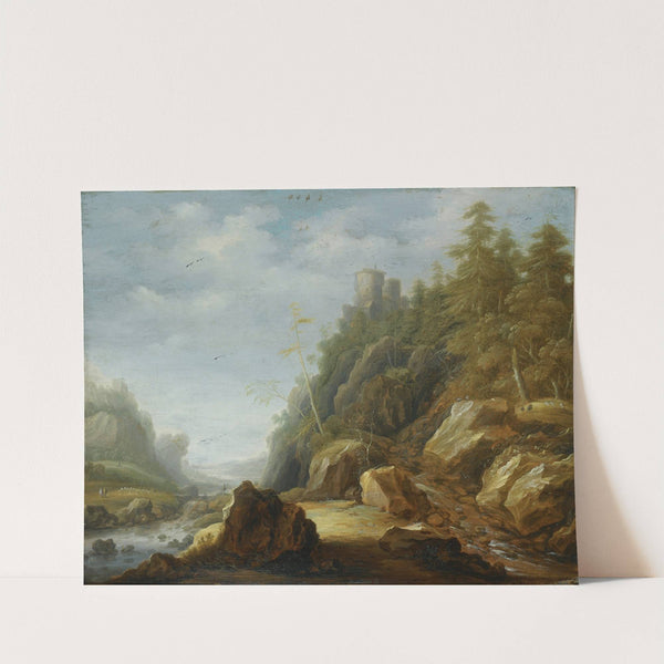 A Rocky Mountain Landscape With A Stronghold On A Hill Top, Shepherds With Their Flock Beyond by Joachim Govertsz Camphuysen