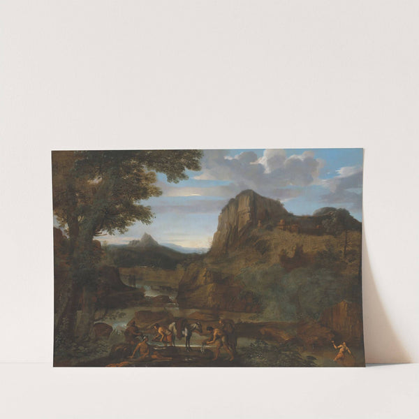 A rocky river landscape with fishermen by Giovanni Francesco Grimaldi
