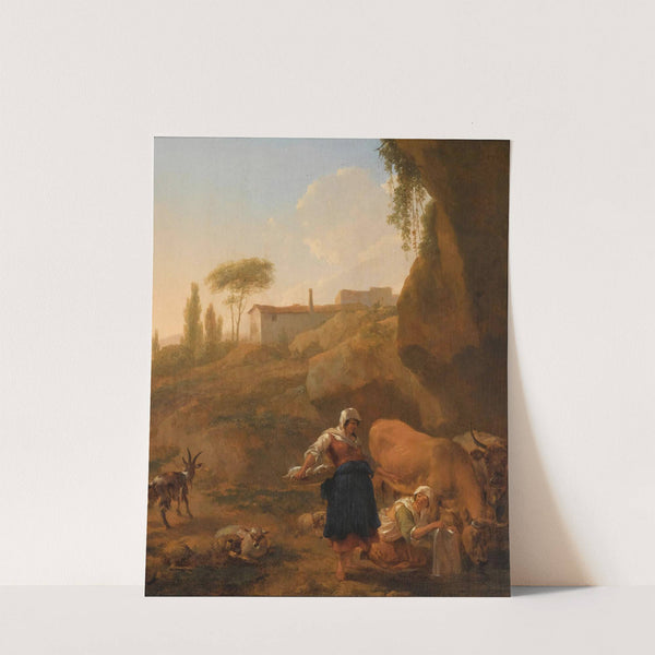 A Rocky Southern Landscape With Two Peasant Women And Their Flock And Cattle Halting Near A Stream by Nicolaes Pietersz. Berchem