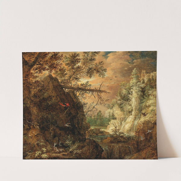 A rocky wooded landscape with a waterfall by Roelant Savery