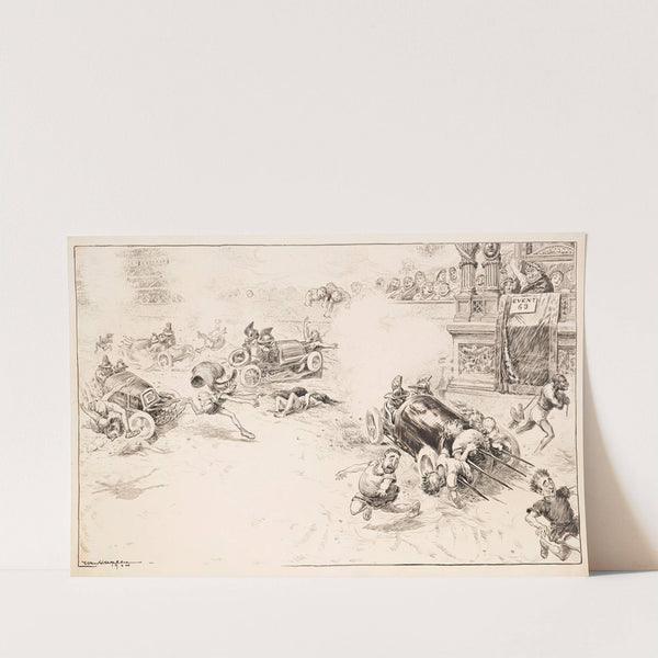 A Roman gladiator match where cars are used as weapons to chase men on foot. (1905) by William Henry Walker