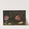 A rose, a tulip, insects, and a shell on a ledge by Balthasar van der Ast