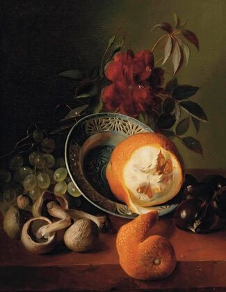 A rose, grapes, mushrooms, an orange and chestnuts