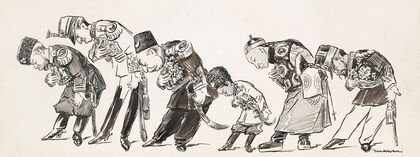 A row of world leaders, all in military dress, bow down (1910) — size preview