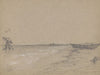A rowboat sitting on logs on the shore of a river or bay with a derrick-like drilling or pumping device just offshore (1855)
