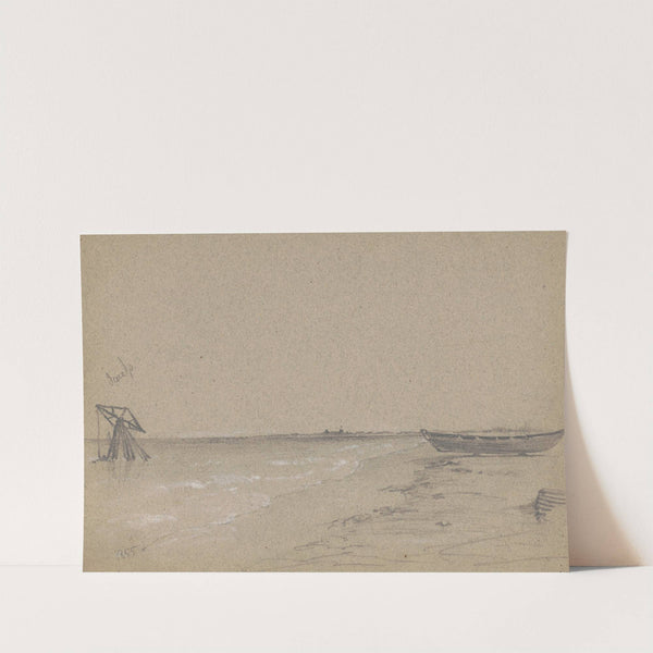 A rowboat sitting on logs on the shore of a river or bay with a derrick-like drilling or pumping device just offshore (1855) by James Fuller Queen