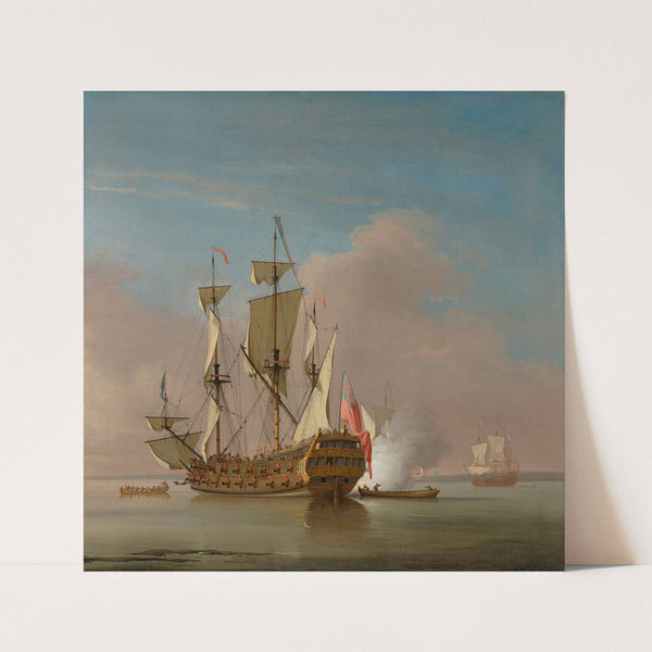 A Royal Navy 46-gun Man-o-war firing a salute in a calm sea by Peter Monamy