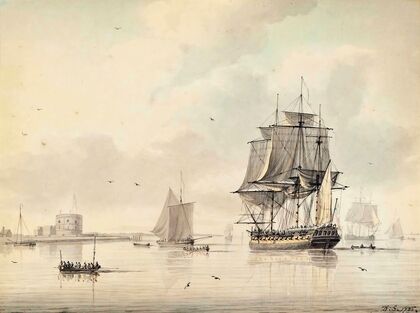 A Royal Navy Frigate Drying Her Sails Off Calshot Castle, Southampton — size preview