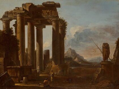 A ruined classical temple of the Tuscan order with figures