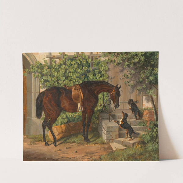 A Saddled Bay Horse and Curious Dachshunds (1850) by Albrecht Adam