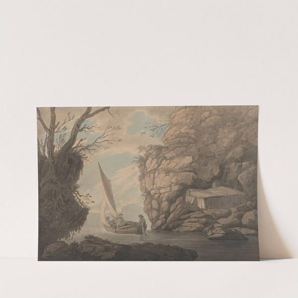 A Sailing Dinghy with Three Men Leaving a Rocky Inlet by Joseph Farington