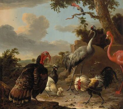 A sarus crane, a flamingo, a wild bronze turkey cock, two Paduan fowl, a silver birchen game cockerel, and a hoopoe in a landscape (1675)
