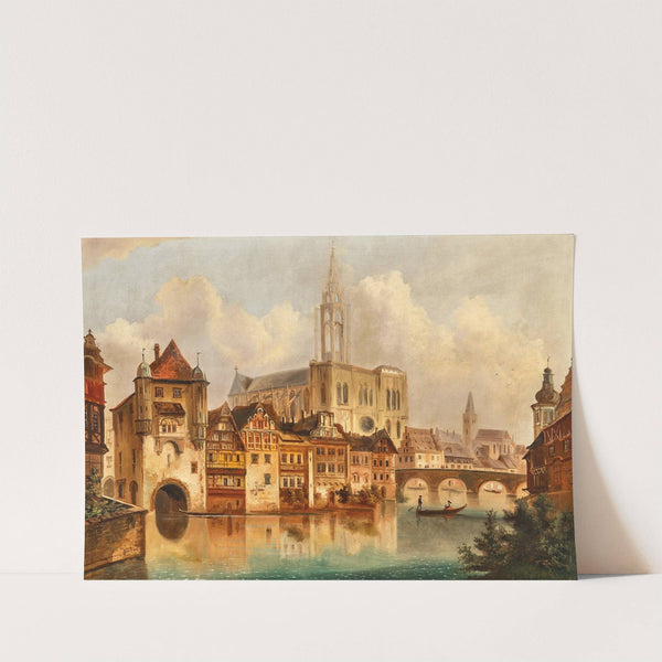 A scene on a canal near Strasbourg Cathedral by Ferdinand Lepie