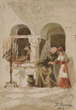 A seated monk with a standing acolyte