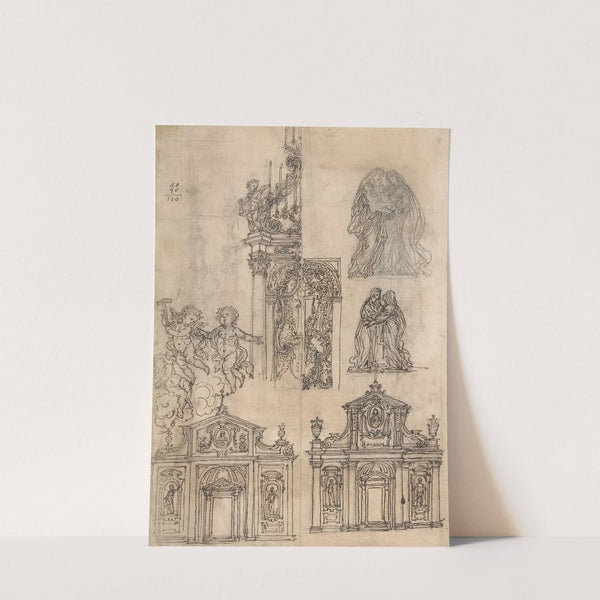 A Sheet of Studies with Architectural Motifs and Two Sketches for a Visitation by Giovanni Battista Foggini