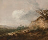 A shepherd and his dog in a landscape, his flock resting by a dune in the foreground