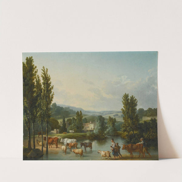 A Shepherd And His Family With Their Livestock Fording A Stream In An Extensive Landscape by Jean-Baptiste Huet