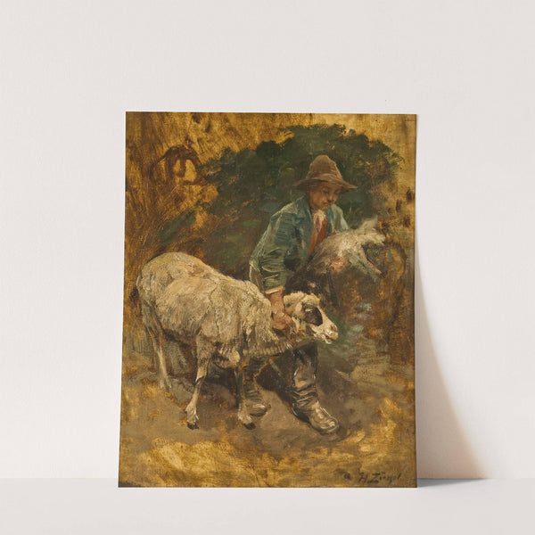 A shepherd boy with a lambkin and a sheep by Heinrich Von Zügel