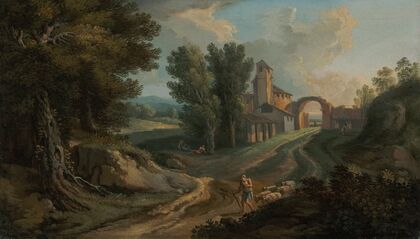 A shepherd on a wooded path