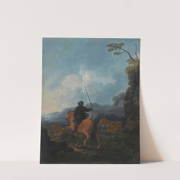 A shepherd riding a horse and leading his flock in a landscape by Johann Melchior Roos