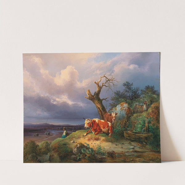 A Shepherdess with Two Cows in a Vast Landscape by Edmund Mahlknecht