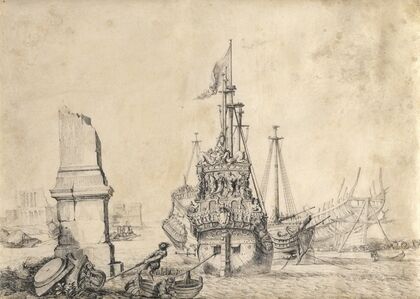 A ship in a port near a ruined obelisk