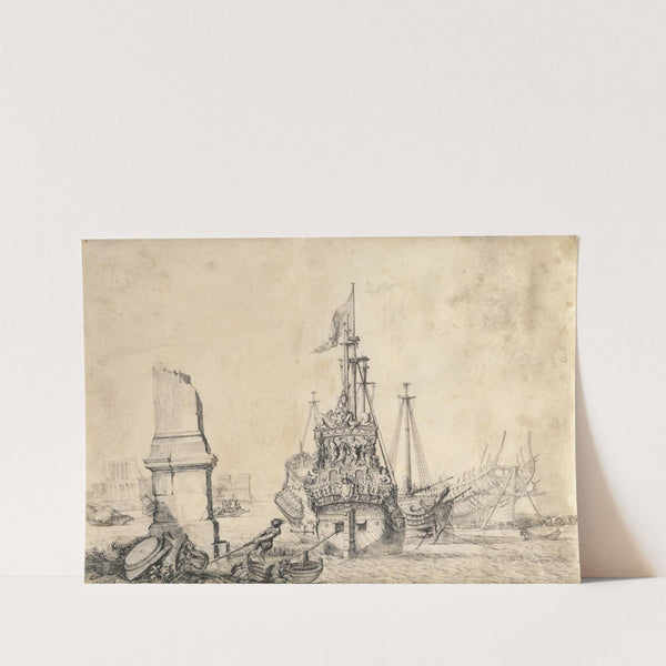 A ship in a port near a ruined obelisk by Pierre Puget