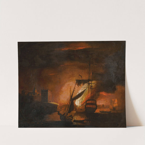 A ship on fire at night by Peter Monamy