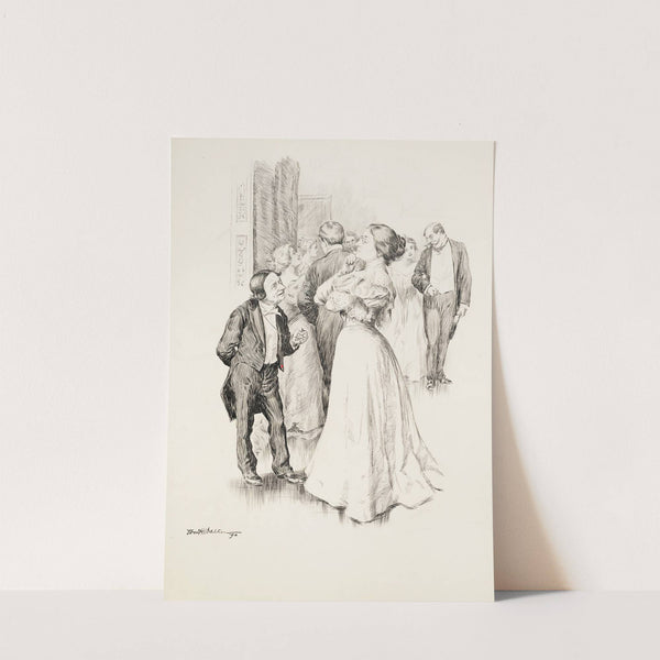 A short man talks to a stern taller woman at a party. (1896) by William Henry Walker