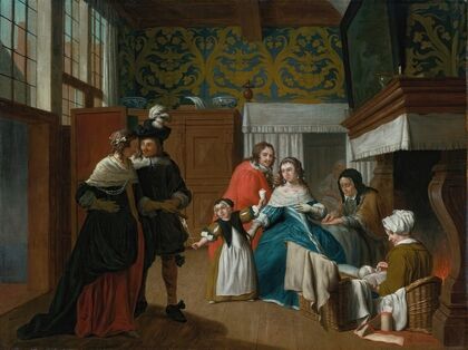 A Sick Woman With Her Family And Attendants In An Interior
