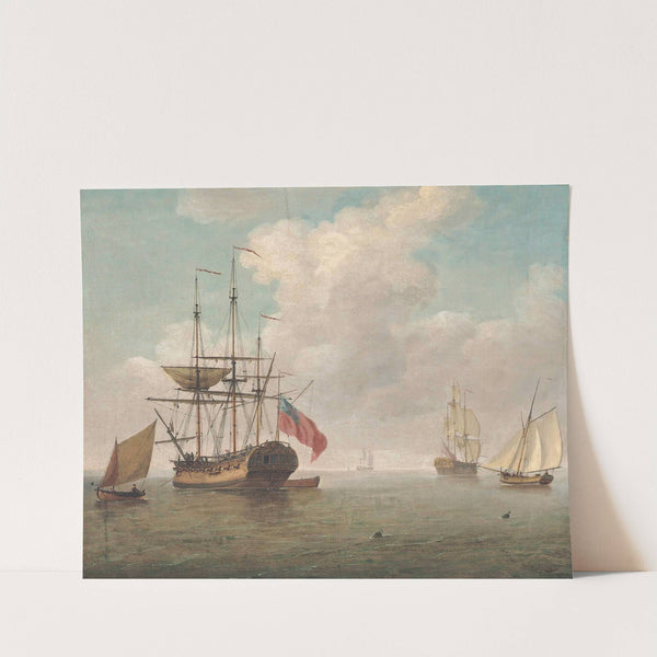 A Small Man-O'war At Anchor With Cutters Under Sail by Charles Brooking