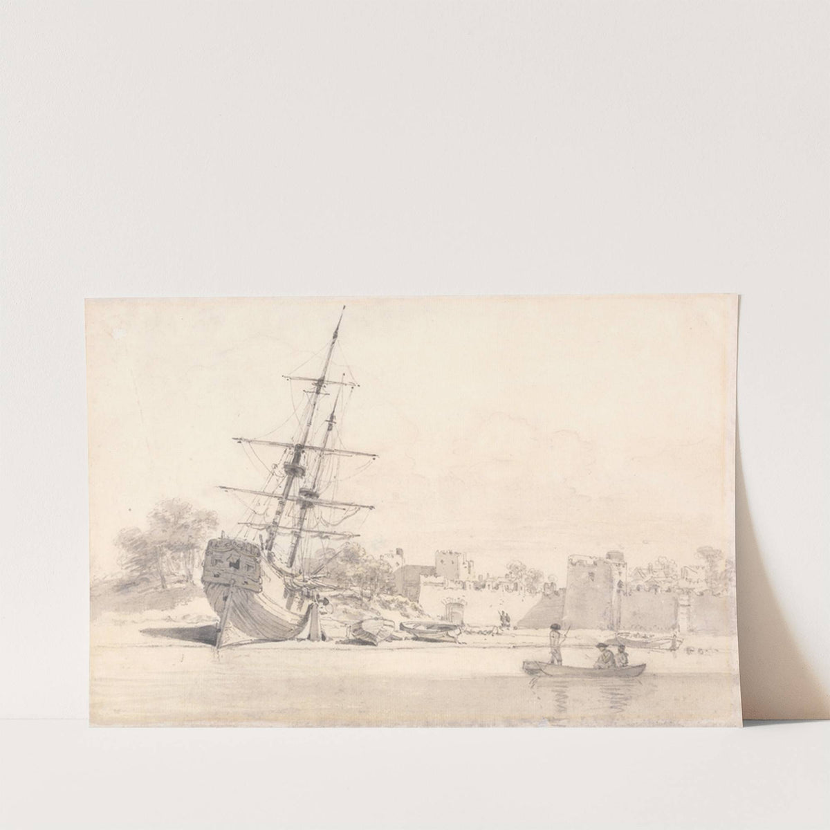A Small Sailing Ship Drawn Up on the Shore Below Some Fortified Buildings by William Alexander